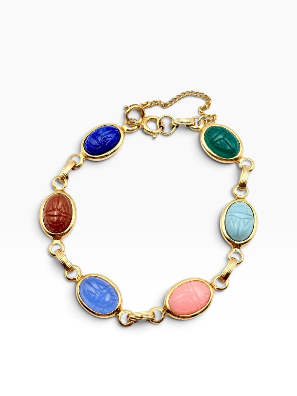 Vintage Egyptian Revival gold tone scarab bracelet
